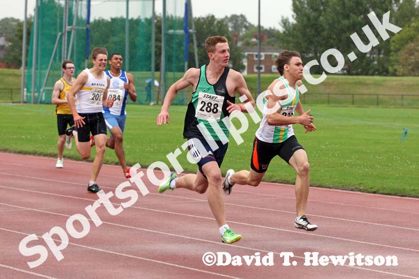 Thomas Somers (City of York) beats Ryan Gorman (Notts AC) in the under-17s 200 metres at the Northern Under-17s and 15s Championships, Liverpool.